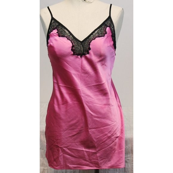 Victoria's Secret Pink Satin Black Lace Chemise Negligee sz S Lingerie Slit - Picture 1 of 6